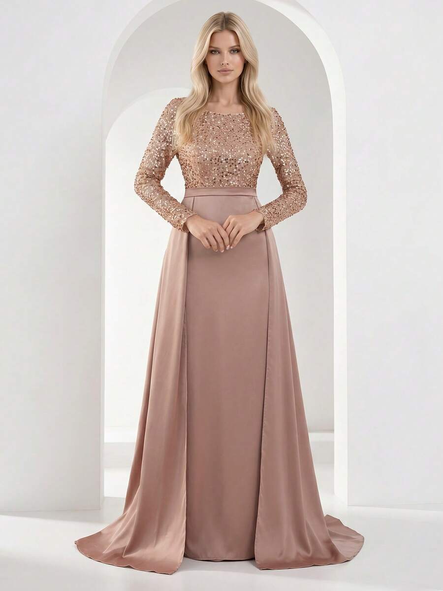 YISIKADO Women's Elegant Sequins Long Sleeve Maxi Mermaid Formal Party Dress With Round Neck - Champagne - View 1