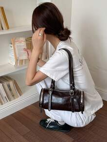 Vintage Faux Leather Cylinder Underarm Bag With Adjustable Shoulder Strap, Niche American Style Commuter Shoulder Bag - Coffee - View 3