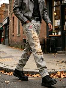 Men's Denim Jeans Halloween Outfit | Vintage Distressed Ripped Jeans, Spooky Street Vibe - Camel - View 3