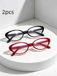 2 pares/set de gafas de moda sin receta con marco sólido de ojos de gato de PC de varios colores y remaches para mujeres - Multicolor - Ver 1