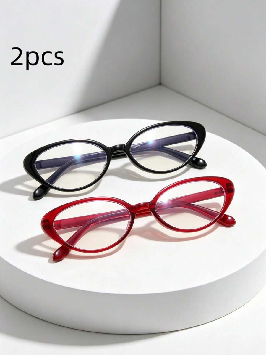 2 pares/set de gafas de moda sin receta con marco sólido de ojos de gato de PC de varios colores y remaches para mujeres - Multicolor - Ver 1