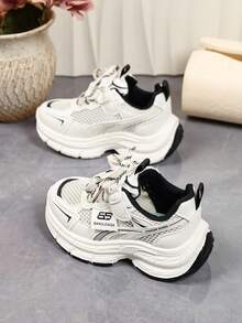 1 Pair White Mesh Breathable Chunky Sneakers For Young Students, Black Patchwork Fabric Thick Sole Height-Increasing Casual Sports Shoes, Non-Slip Lace-Up And Hook-And-Loop Closure, Suitable For Daily Casual, Outdoor Training, Travel, Vacation, Home, Party, Summer And Autumn New Style - Black and White - View 6