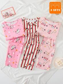 3 Sets Girls Long Sleeve Long Pants Pajamas Cartoon Unicorn Cute Print Spring Autumn Home Wear All-Over Print Set - Multicolor - View 2