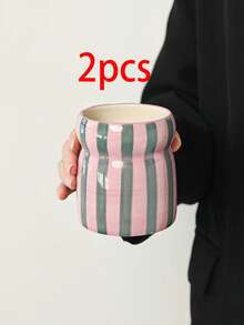 1pc INS Style Hand-Painted Dual-Color Striped Ceramic Storage Tube, Makeup Organizer, Makeup Brush Holder, Eyebrow Pencil Eyeliner Lipstick Storage, Desktop Decor Ornament, Holiday Gift For Family And Friends - Multicolor - View 21