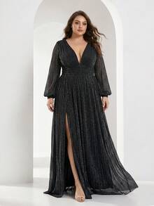 YISIKADO Plus Size Women's Deep V-Neck Lantern Sleeve Slit Sexy Party Evening Gown - Black - View 1