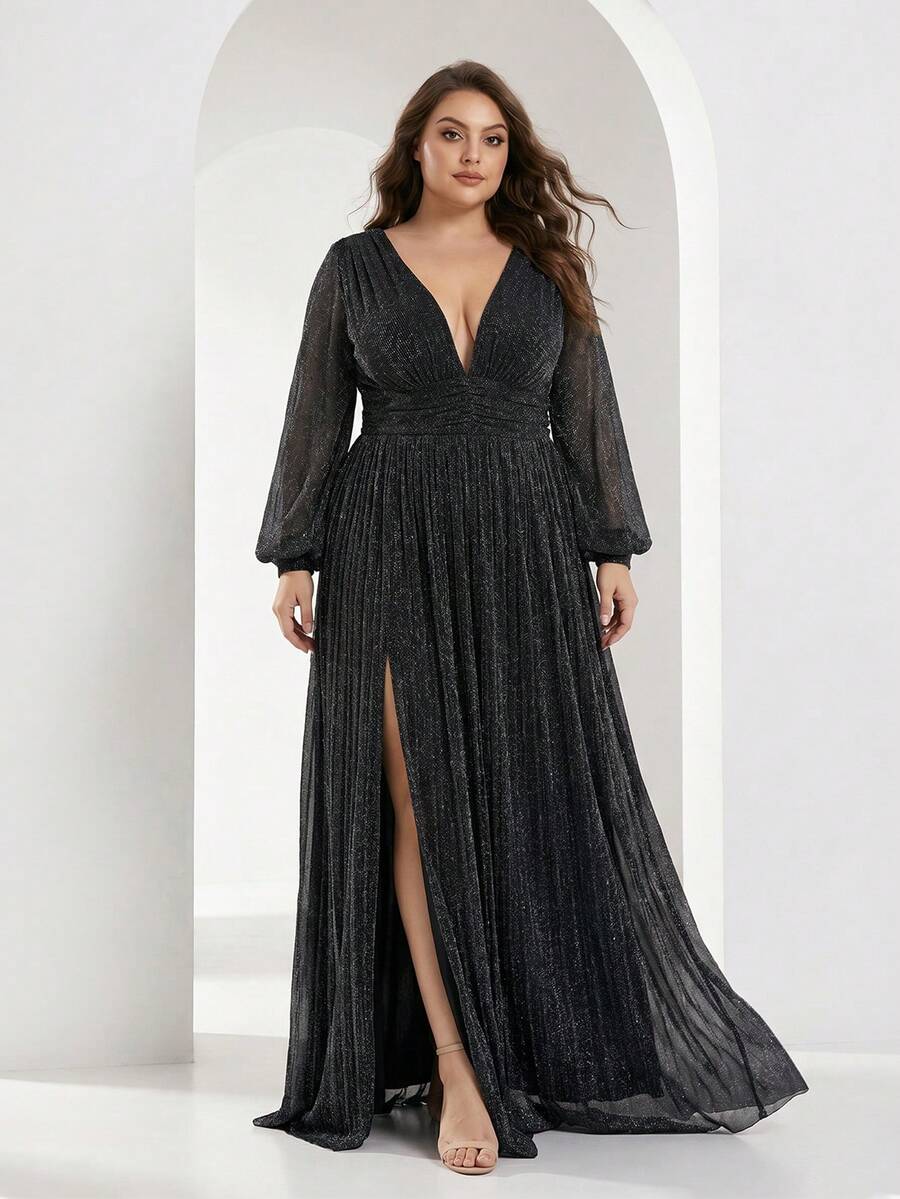 YISIKADO Plus Size Women's Deep V-Neck Lantern Sleeve Slit Sexy Party Evening Gown - Black - View 1