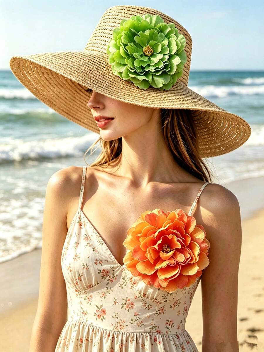 1件誇張布藝大花優雅女款胸針，海灘度假穿搭，帽子搭配時尚別針飾品，衣飾裝飾