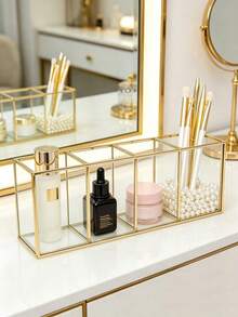 Makeup Brush Holder 3/4 Compartment Glass And Brass Cosmetic Storage 19.5*7*9cm Vintage Makeup Storage Box - Clear - View 3