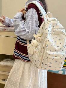 女款多功能純色校園後背包，大容量極簡多隔層旅行背包，實用學生書包，防水時尚商務休閒筆電包，潮流後背包，校園包，學生包 - 白色 - 查看 3