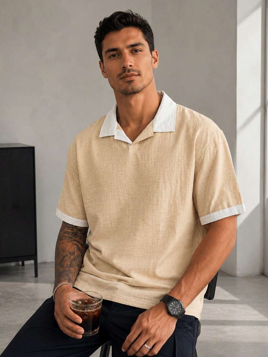 Blueprint Man 1件男士 Polo 衫,杏色對比領無鈕扣 Polo 衫,紋理垂墜仿亞麻面料,舒適輕盈透氣清爽,抗起球吸汗,休閒商務通勤風,日常通勤商務休閒夏季度假旅行老錢風,建議選小一號以獲得更好貼合感 - 卡其色 - 查看 1