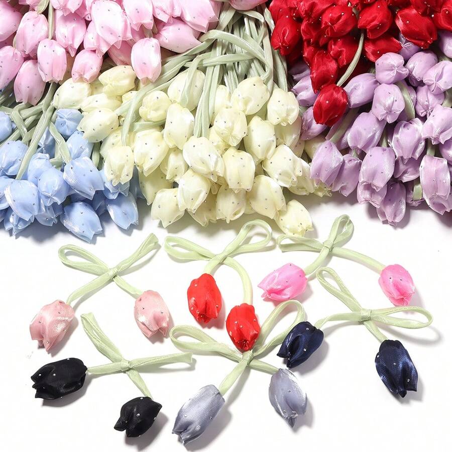 5PCS Rhinestone Studded Tulip Bud Flower Rope Ribbon, Sweet Style 3D Fabric Flower, Party Wedding Daily Wear Hair Accessory Clothing DIY Supplies, Shoe Hat Bag Decoration, Gift Packaging Decoration For Elders, Handmade Floral Craft Material