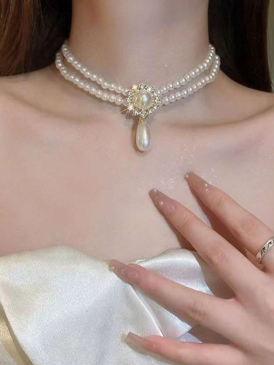 1件裝女款奢華水鑽向日葵珍珠項鍊，小眾百搭鎖骨鏈，時尚高端優雅吊墜 - 白色 - 查看 1