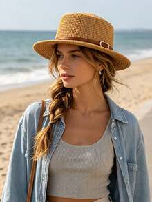 1pc Women's Straw Hat, Bohemian Polyester Fiber Fashion Outdoor New Style, Wide Brim Personalized Sun Protection Breathable Solid Color Straw Hat Suitable For Daily Outdoor Travel - Multicolor - View 3