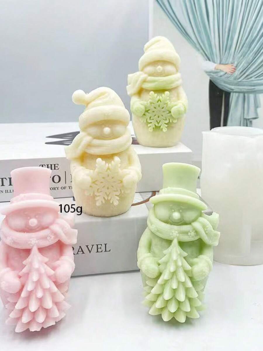 1pc 3D Christmas Snowflake Snowman Silicone Candle Mold, Christmas Hugging Pine Tree Snowman Shaped Aromatherapy Candle Mold, Suitable For Handmade, Resin Crafts, Used For Christmas Home Decor - A-White - View 1