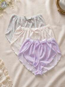 Aesletic 3 Pcs Women Ribbed Ditsy Floral Boxer Shorts, Ruffle Hem Satin Bow Drawstring Loose Sleep Shorts, Soft Breathable - Multicolor - View 11