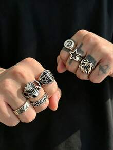 24 piezas Anillos de metal geométricos de moda, color negro, no ajustables, joyería de encanto punk de hip hop para hombres, el tamaño del anillo se muestra en la imagen detallada - 24 piezas - View 16