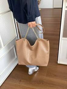 Tas Tote Satu Bahu Wanita Mewah Premium Serbaguna Warna Solid Baru - Khaki - View 10