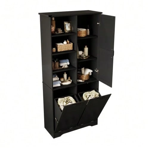 78 X 35 X 172 Cm Bathroom Cabinet, Moisture-Resistant Paint, Full Coating, Double Laundry Basket, Four Open Compartments, One Door, Three Compartments In The Door, Adjustable Shelves, Ample Storage Space, White - Black - View 1