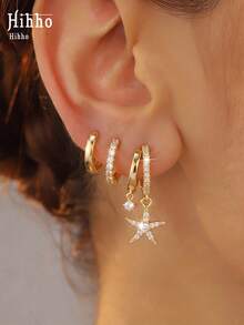 Hihho 3 Pairs Super Shiny Fashionable Versatile Sparkling Zirconia Starfish Series Earring Set, Minimalist High-End Women's Jewelry Earrings Suitable For Daily Wear, Summer Beach, Campus, Holiday Party Decoration - Earrings Set - View 6