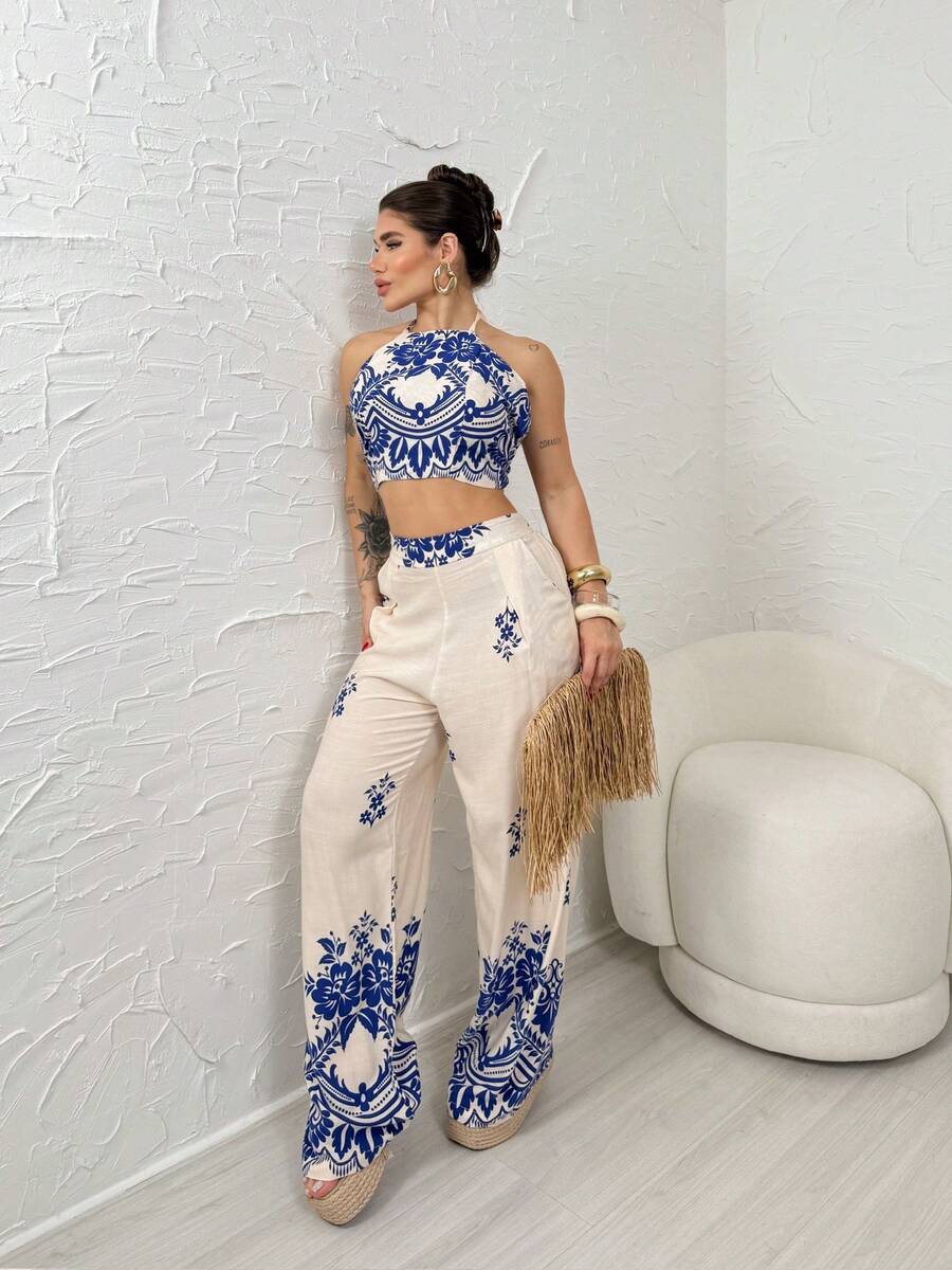 Calça pantalona com elástico na cintura Aris - marfim - Visão 1