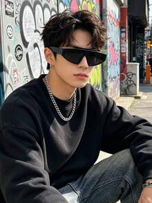 1 Pair Men's Textured Glossy PC Frame Retro Hip-Hop Style Asymmetric Fashion Glasses, Suitable For Summer Beach Vacation, Outdoor Driving, Travel And Daily Wear - Multicolor - View 2