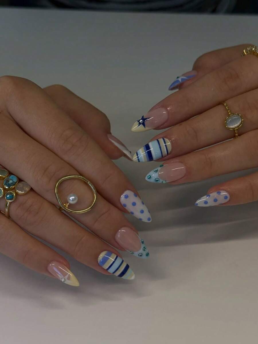 Change Your Nails With It 24片/組 法式中長杏仁形 藍白條紋 法式星星波點 鑲鑽全覆蓋穿戴式假指甲,適合女性與女孩派對、約會、度假使用 - 彩色 - 查看 1
