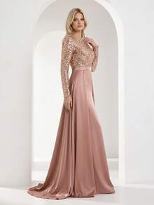 YISIKADO Women's Elegant Sequins Long Sleeve Maxi Mermaid Formal Party Dress With Round Neck - Champagne - View 3