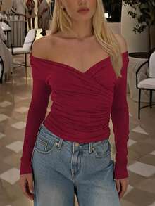 Women Long Sleeves Ruched V Neck Solid Casual Fall Winter Going Out Vacation Party Top - Burgundy - View 4