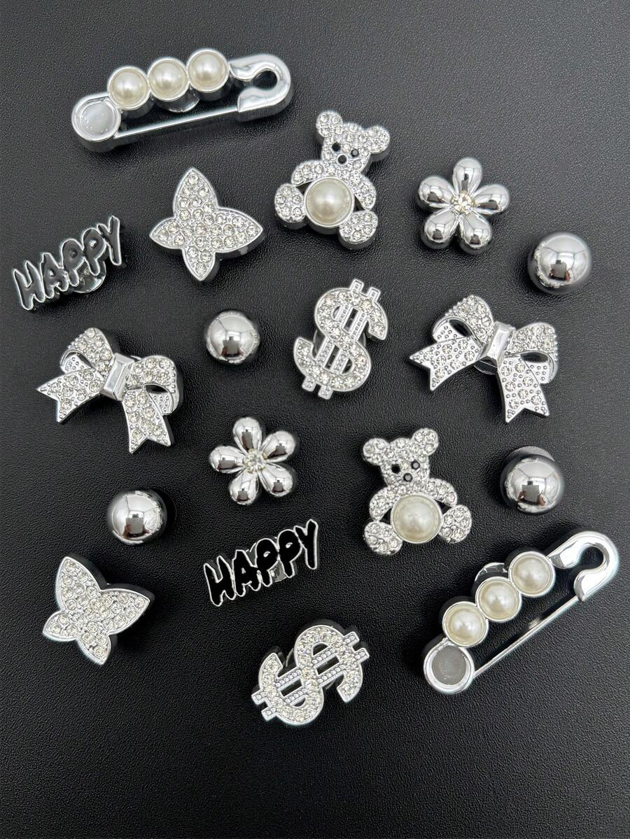 18pcs Rhinestone Bear Shoe Charms DIY Detachable Shoe Decorations ABS Shoe Accessories Suitable For Wooden Clogs Women's Sandals Slippers Beach Shoes, Holiday Gift - Silver - View 1