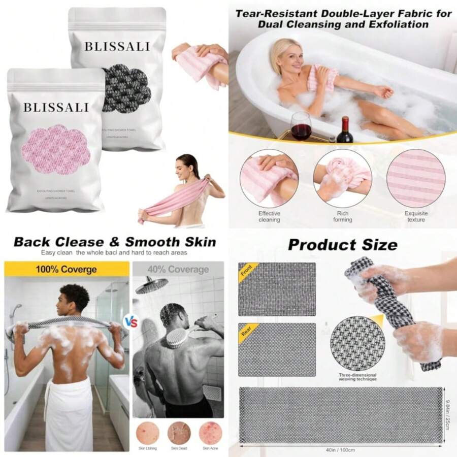 Blissal 2-In-1 Exfoliating Shower Towel, 47" Advanced Exfoliating Microfiber Towel, Premium Scrub Wash Cloth For Body Face, Travel Friendly, Quick Drying Travel Bath Washcloth - 2pcs - View 1