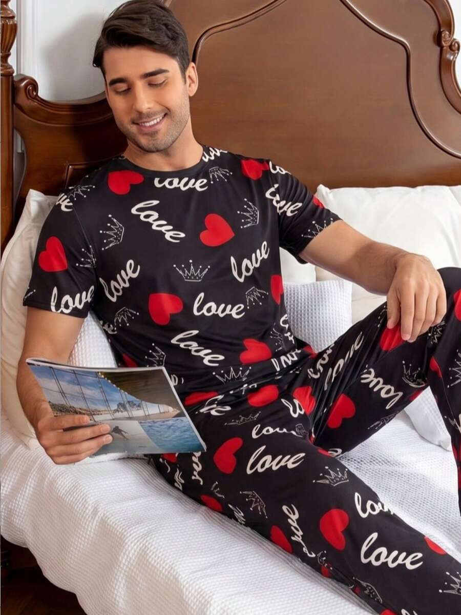 Men's Pajama Set, Heart Print Short Sleeve & Long Pants, Casual Loungewear 2 Pieces Set - Multicolor - View 1
