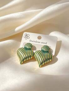 1/5 Pairs Set 304 Stainless Steel Vertical Striped Oil Drop Shell Elegant Stud Earrings, Hypoallergenic Non-Fading Vintage Heavy-Duty Women's Eye-Catching Accessories, Daily Commute Date Gift Earrings - Multicolor - View 6