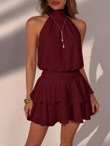 Elegante vestido mini de moda con cuello halter, espalda descubierta y volantes en capas para boda - Burdeos - Ver 7