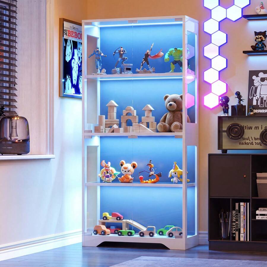 Devoko Glass-Fronted Display Cabinet, Display Case For Collectibles And Decorative Items, Glass Display Case With RGB Lighting Via App & Remote Control, 4-Tier Storage Shelf For Living Room And Study With Push-To-Open Mechanism And Anti-Tip Protection - 查看 1