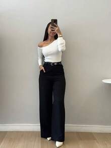 Celana Panjang Wanita Model Lurus Warna Hitam Bahan Polyester dengan Saku dan Detail Kancing Resleting, Cocok untuk Musim Gugur - Hitam - View 2