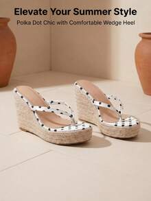 Round Toe Casual Daily Sexy Versatile Banquet Black & White Polka Dot Thong Flip Flops Slip-On Rope Wedge Thick Sole Women's Outdoor Beach Sandals Elegant High Heels - Multicolor - View 7
