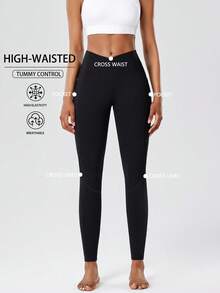 Women's High-Waisted Side Pocket Crossover Waist Leggings, Solid Color Elastic Compression Tight Pants For Spring, Summer, Autumn, Home Leisure Sports - Black - View 4