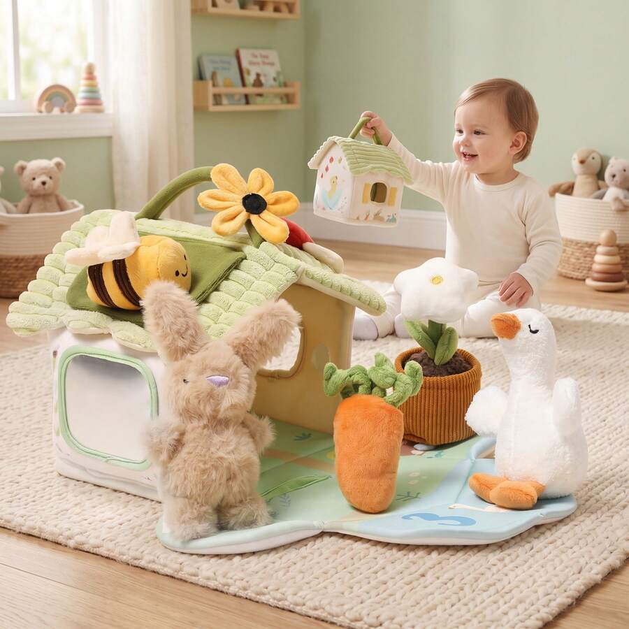 Set Mainan Rumah Pertanian Boneka Hewan Kartun Musim Semi yang Menyenangkan, Mainan Adegan Bermain Peran untuk Pengembangan Kognitif, Mainan Edukasi Pendamping Rumah Interaktif, Mainan Gantung Portabel untuk Kereta Dorong/Tempat Tidur, Hadiah Ulang Tahun