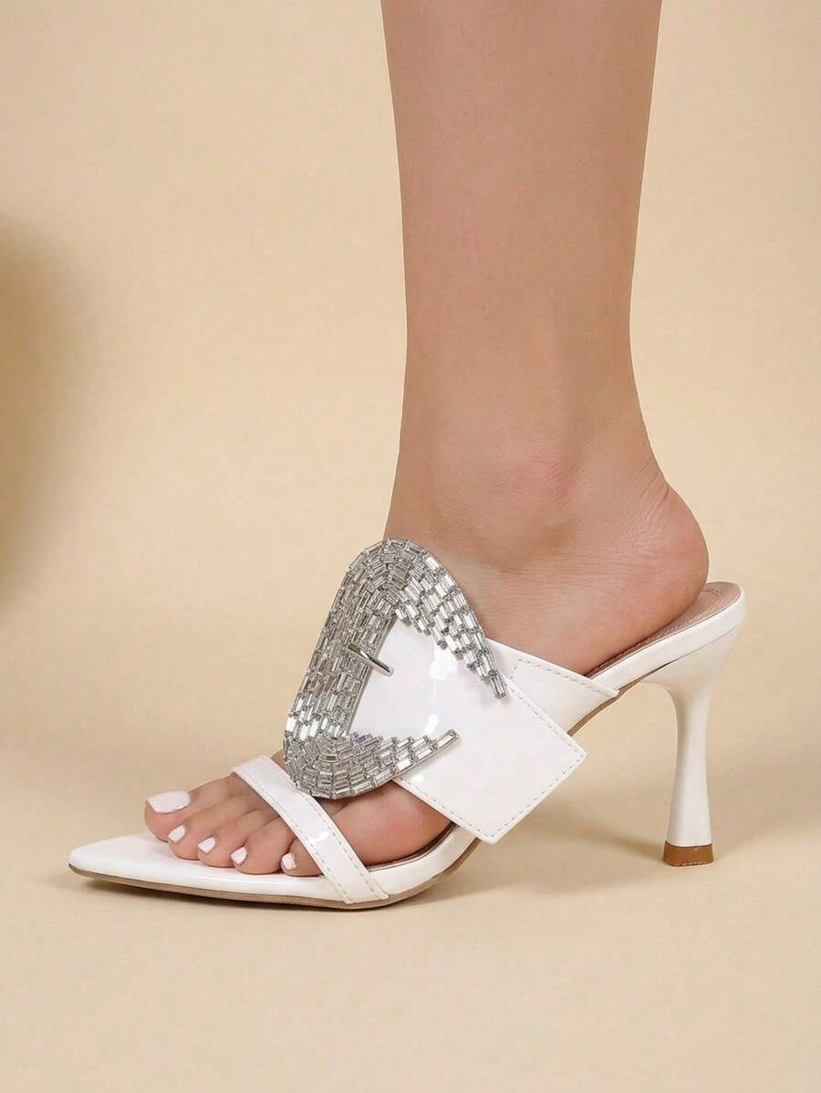 2026 Women's New White Glossy Pointed Toe Large Buckle Rhinestone Stiletto Heel Mule Sandals, Luxury Party Commute Casual High Heels - White - View 1