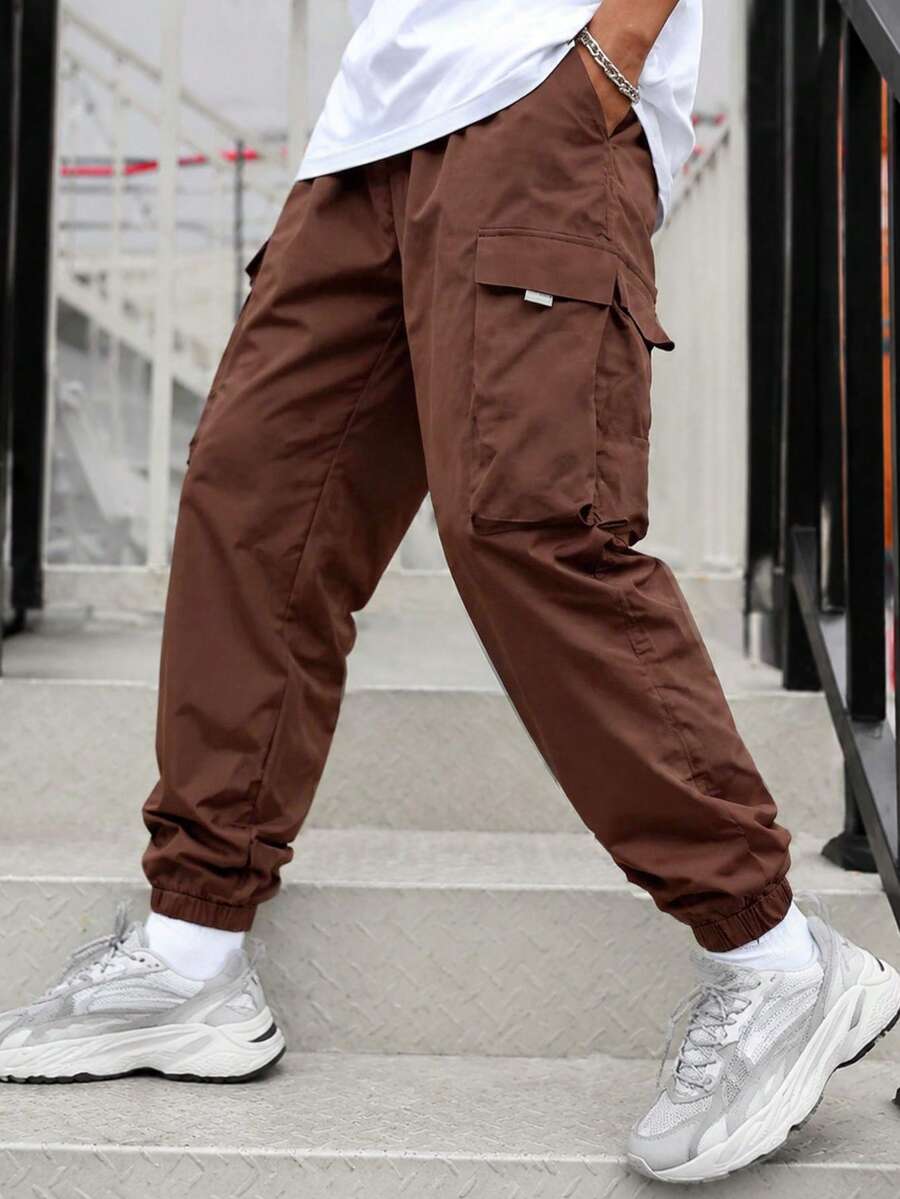 1 pieza Pantalón cargo de unicolor con cordón para niños preadolescentes, adecuado para ir y venir, la escuela, uso casual, viajes - Marrón - Ver 1