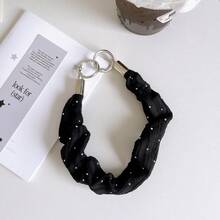 1pc Solid Color Pleated Fabric Phone Wrist Lanyard Shiny Rhinestone Twisted Hand Strap Anti-Lost Phone Charm Keychain With Double Metal O Rings - Multicolor - View 8