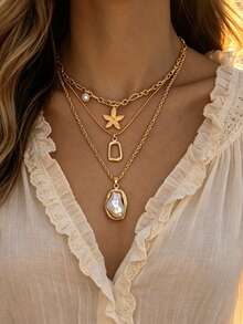 3pcs Beach Vacation Style Multi-Layered Stackable Fashion Minimalist Elegant Exquisite Vintage Design Geometric Starfish Asymmetric Square Faux Pearl Minimalist Chain Multi-Layer Pendant Necklace Set, Holiday Vacation Party Date Gift, Daily Commute Wear, Personalized - Yellow Gold - View 5