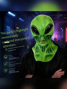 1pc New Green Alien Latex Mask, Halloween New Alien UFO Horror Mask Head Cover - Multicolor - View 4