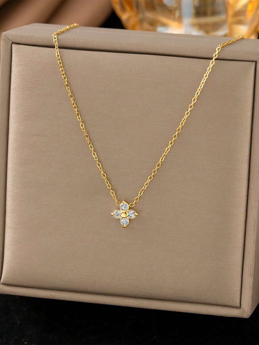1pc Rhinestone Four-Leaf Clover Necklace, Luxury Super Shiny Lucky Clover Collarbone Chain Set - Multicolor - View 1