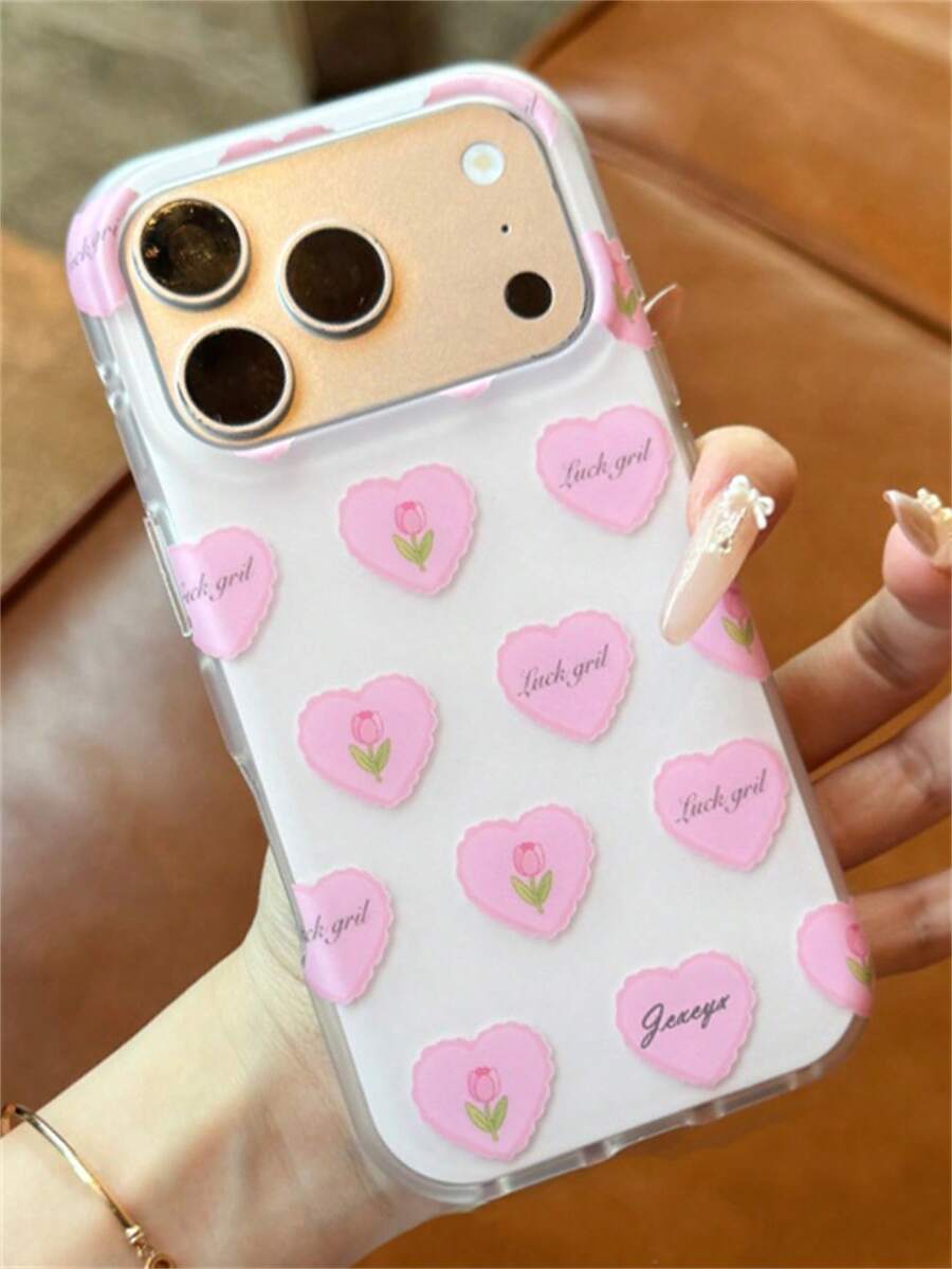Cute Sweet Pink Tulip Flower Heart Painting Glossy IMD Phone Case Compatible With IPhone 17 Pro Max 16 Pro Max 15 Pro Max 14 Pro Max 13 Pro Max 16 15 14 Plus 11 12 Pro Max Spring Full Screen Floral Patterns Shockproof Soft Back Cover Stylish Girl Gift Shell - Pink - View 1
