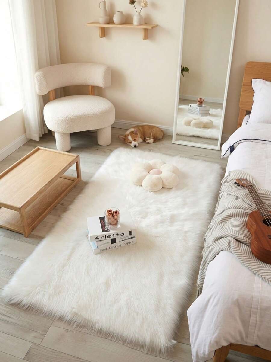 1pc White Rectangular Faux Wool Rug, Fluffy Soft Touch, Smooth And Comfortable, Fashionable Home Decor, Fuzzy Skin-Friendly Material, Non-Slip Bottom, Low Shedding, Easy Care And Machine Washable, Suitable For Bedroom, Living Room, Hallway, Study, Dressing Room, Walk-In Closet, Bedroom Rug, Study Rug, Living Room Rug, Welcome Mat, Office Decor Rug, Area Rug, Bedside Rug, Sofa Rug, Coffee Table Rug, Tea Table Mat, Floor Mat, Holiday Decor Rug, Home Decor Essential, All Season - White - View 1