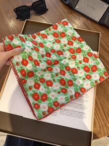 1pc Small Floral Pattern Square Silk Scarf Women Spring Autumn New High-End Gauze Scarf Versatile Decorative Neck Scarf Thin Elegant - Red and Green - View 3