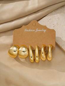 CCB Shiny Gold Geometric Water Drop Square Hoop & Stud Earrings Set, Minimalist Daily Wear Women's Fashion Jewelry - Gold - View 9