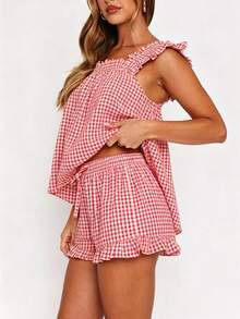 Women Summer Pajama Set Solid Flying Sleeve Tank Tops And Ruffle Shorts 2 Piece Casual Lounge Outfit - Red - View 4