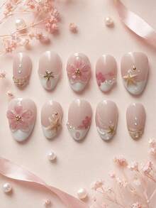 10 Peças Unhas Postiças Curtas em Formato de Amêndoa, Ponta Francesa Nude Rosa e Branca com Flor Rosa 3D, Estrela-do-Mar, Estrela e Decoração de Pérola, Conjunto Requintado de Unhas Acrílicas Falsas Brilhantes para Mulheres e Meninas, Uso Diário, Trabalho, Férias na Praia e Festa Casual - Multicolorido - Visão 10